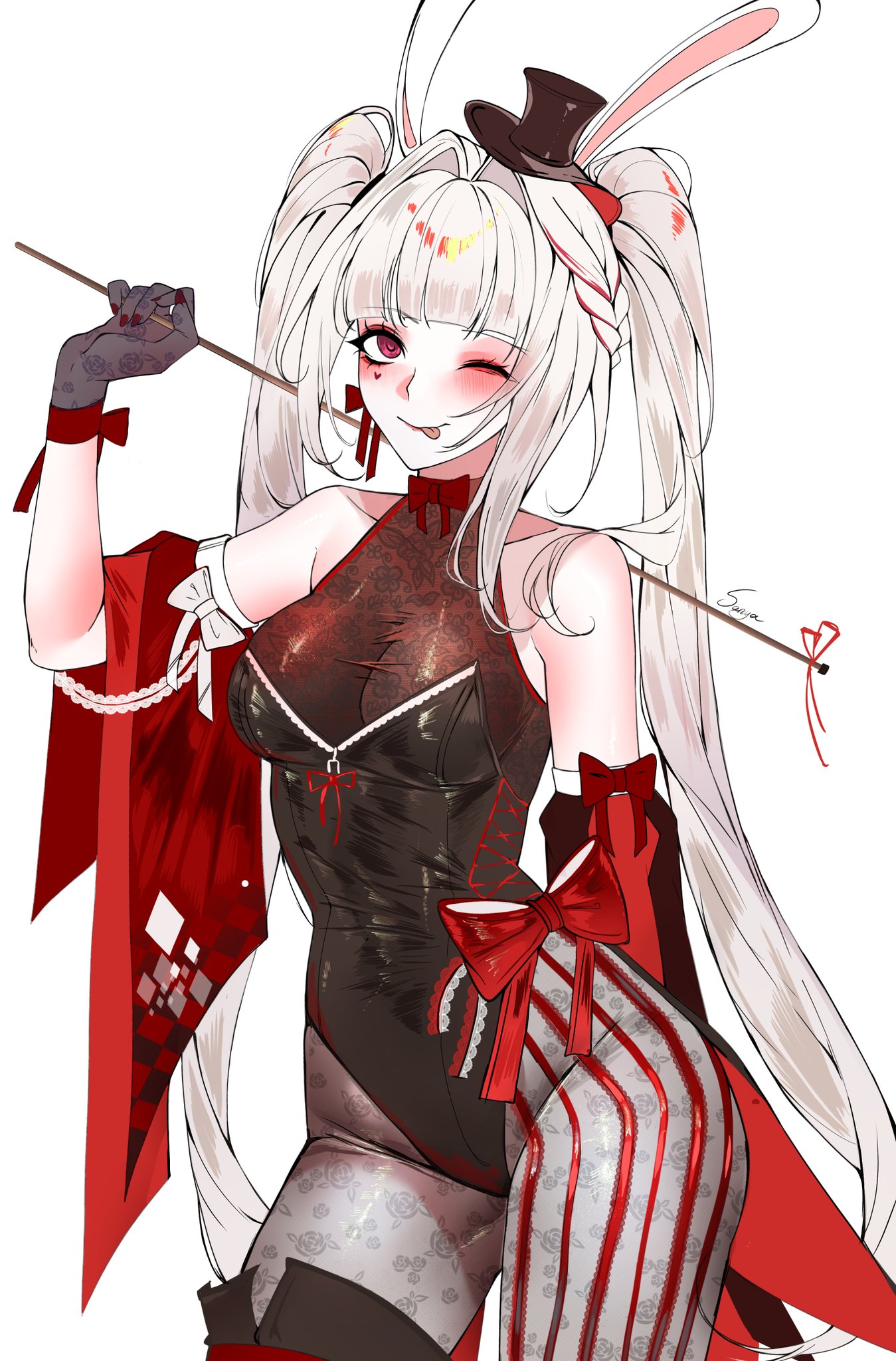 sanya (sanya lox228), sparkle (honkai: star rail), sparxie (honkai: star rail), honkai: star rail, honkai (series), commentary, highres, 1girl, ;p, alternate costume, animal ears, black gloves, bow, braid, breasts, cleavage, cowboy shot, gloves, hat, leotard, makeup, medium breasts, nail polish, one eye closed, pantyhose, playboy bunny, rabbit ears, red eyes, red streaks, see-through cleavage, see-through clothes, side braid, sleeveless, thighs, tongue, tongue out, twintails, white hair