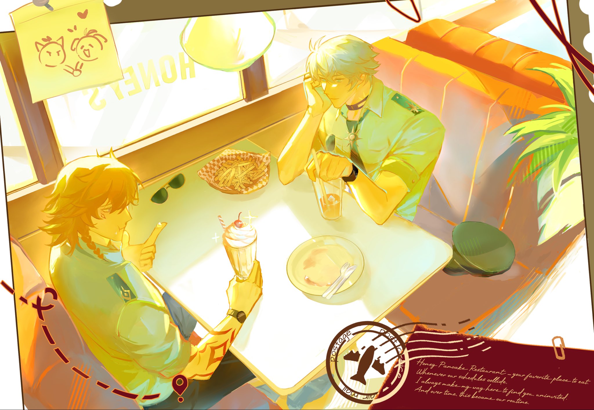 mchii0, mydei (honkai: star rail), phainon (alternate spacetime) (honkai: star rail), phainon (honkai: star rail), honkai: star rail, honkai (series), commentary, english commentary, highres, 2boys, alternate costume, antenna hair, black choker, black necktie, black pants, blonde hair, blue eyes, braid, choker, collared shirt, cup, food, french fries, holding, holding cup, male focus, medium hair, milkshake, multiple boys, neck tattoo, necktie, pants, pilot uniform, plate, shirt, short hair, short sleeves, side braid, sitting, sun symbol, sun tattoo, tan, tattoo, unworn eyewear, watch, white hair, white shirt, wristwatch, yellow eyes