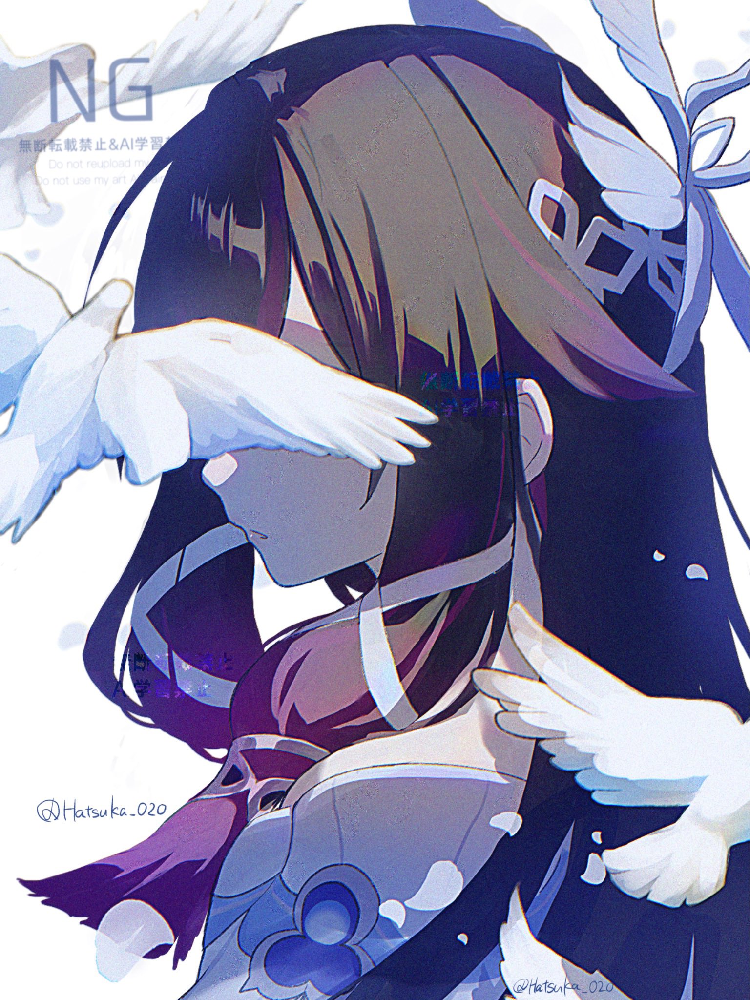 columbina (genshin impact), genshin impact, hashtag-only commentary, highres, 1girl, bird, black hair, covered eyes, dove, dress, falling petals, hair ornament, hair ribbon, hatsuka 020, long hair, multicolored hair, petals, purple hair, ribbon, simple background, solo, twitter username, two-tone hair, upper body, watermark, white background, white bird, white dress, white ribbon, wing hair ornament