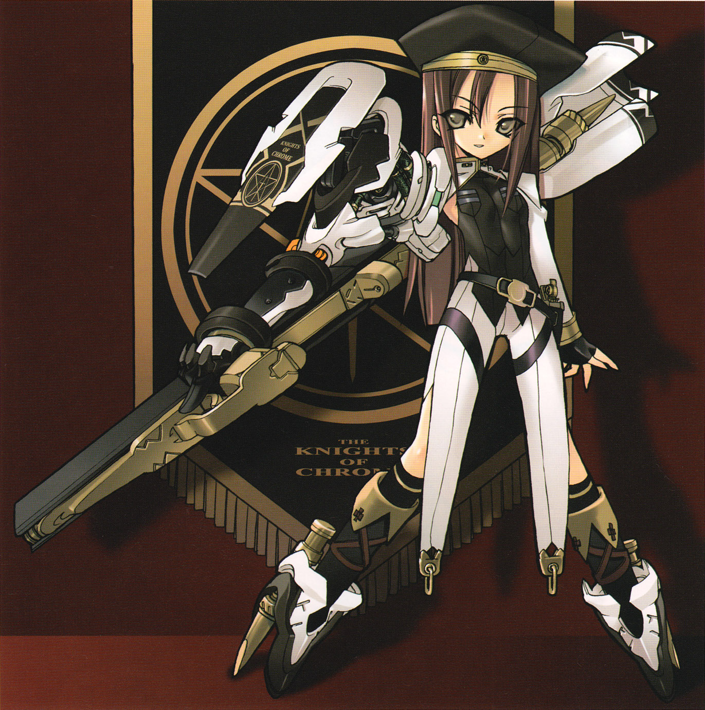 blade (galaxist), highres, scan, 1girl, belt, brown hair, female focus, fingerless gloves, full body, gloves, gun, hat, kneehighs, long hair, mecha musume, socks, solo, weapon