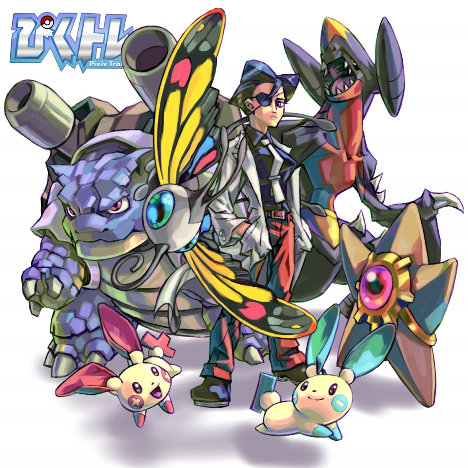 aburaya tonbi, beautifly, blastoise, garchomp, minun, plusle, staryu, nintendo, pixiv trainer, pokemon, 1boy, gen 1 pokemon, gen 3 pokemon, gen 4 pokemon, pokemon (creature)