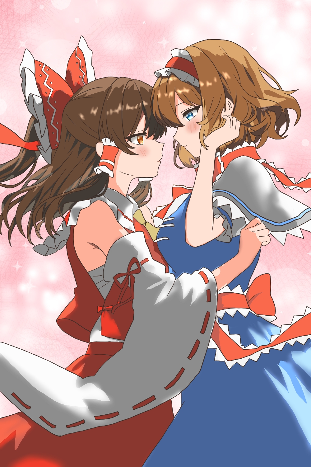 alice margatroid, hakurei reimu, touhou, artist request, bad id, bad pixiv id, highres, 2girls, ascot, blonde hair, blue dress, blue eyes, blush, bow, breasts, brown eyes, brown hair, capelet, chest sarashi, detached sleeves, dress, eye contact, frilled bow, frilled hair tubes, frilled hairband, frilled sash, frills, hair bow, hair tubes, hairband, hug, imminent kiss, large breasts, lolita hairband, long hair, looking at another, multiple girls, red bow, red hairband, red skirt, ribbon-trimmed sleeves, ribbon trim, sarashi, sash, skirt, skirt set, waist sash, white capelet, yellow ascot, yuri