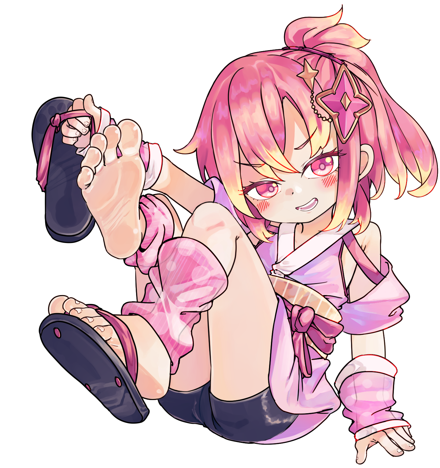 chaosexceed, original, commentary, english commentary, highres, mixed-language commentary, paid reward available, 1girl, arm warmers, barefoot, bike shorts, black shorts, blonde hair, feet, gradient hair, japanese clothes, kimono, knees up, leg warmers, looking at viewer, multicolored hair, open mouth, pink eyes, pink hair, pink kimono, pink leg warmers, sandals, short hair, short shorts, shorts, simple background, sleeveless, sleeveless kimono, soles, solo, toenails, toes, white background, zouri