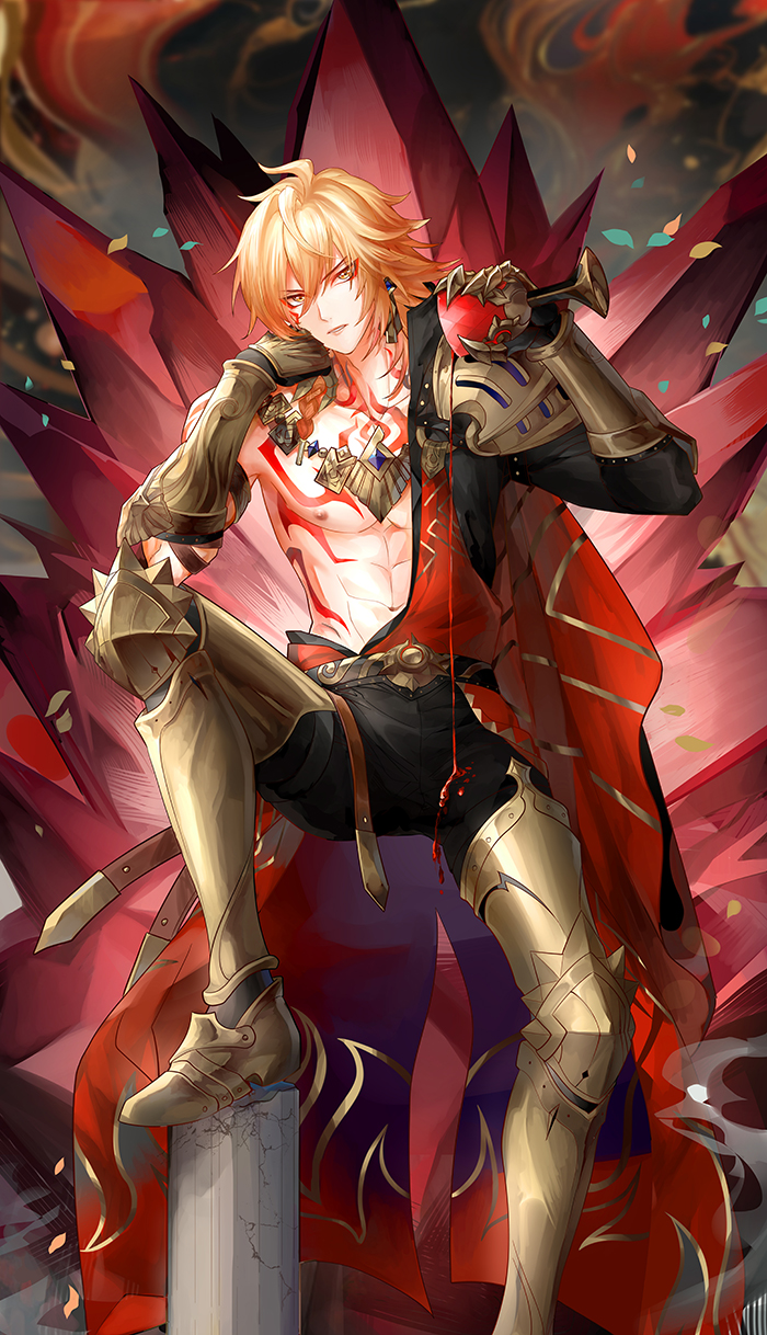 rurisen (yaoihyper), mydei (honkai: star rail), honkai: star rail, honkai (series), commentary, english commentary, highres, 1boy, abs, arm tattoo, armlet, armored boots, bare pectorals, black coat, black pants, blonde hair, boots, braid, chest tattoo, clawed gauntlets, coat, earrings, facial tattoo, gold earrings, gold necklace, gradient hair, head rest, jewelry, male focus, medium hair, multicolored hair, necklace, open clothes, open coat, pants, pectorals, pouring, pouring onto self, red hair, red tattoo, side braid, solo, tattoo, toned, toned male, yellow eyes