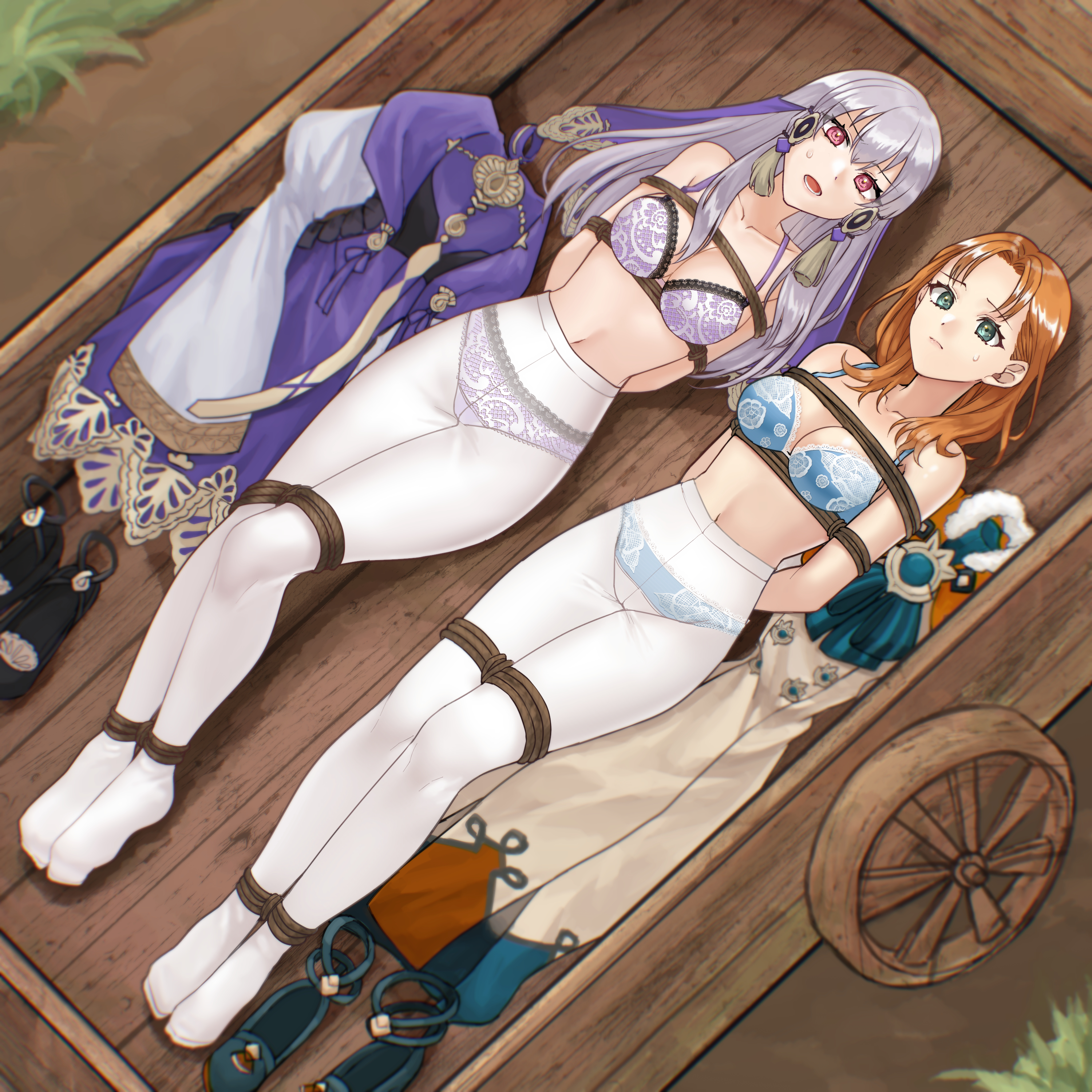 hazuki (nyorosuke), annette fantine dominic, annette fantine dominic (timeskip), lysithea von ordelia, lysithea von ordelia (timeskip), fire emblem, fire emblem: three houses, nintendo, absurdres, commentary request, highres, 2girls, arms behind back, bdsm, blue bra, blue eyes, blue panties, bondage, bound, bound ankles, bound arms, bound legs, bound wrists, bra, breasts, capelet, choker, cleavage, dress, fur trim, kidnapped, long hair, long sleeves, looking at viewer, medium breasts, multiple girls, open mouth, orange capelet, orange hair, panties, pantyhose, pink eyes, purple bra, purple choker, purple dress, purple panties, restrained, rope, shibari, shibari over clothes, underwear, underwear only, unworn dress, wagon, white hair, white pantyhose