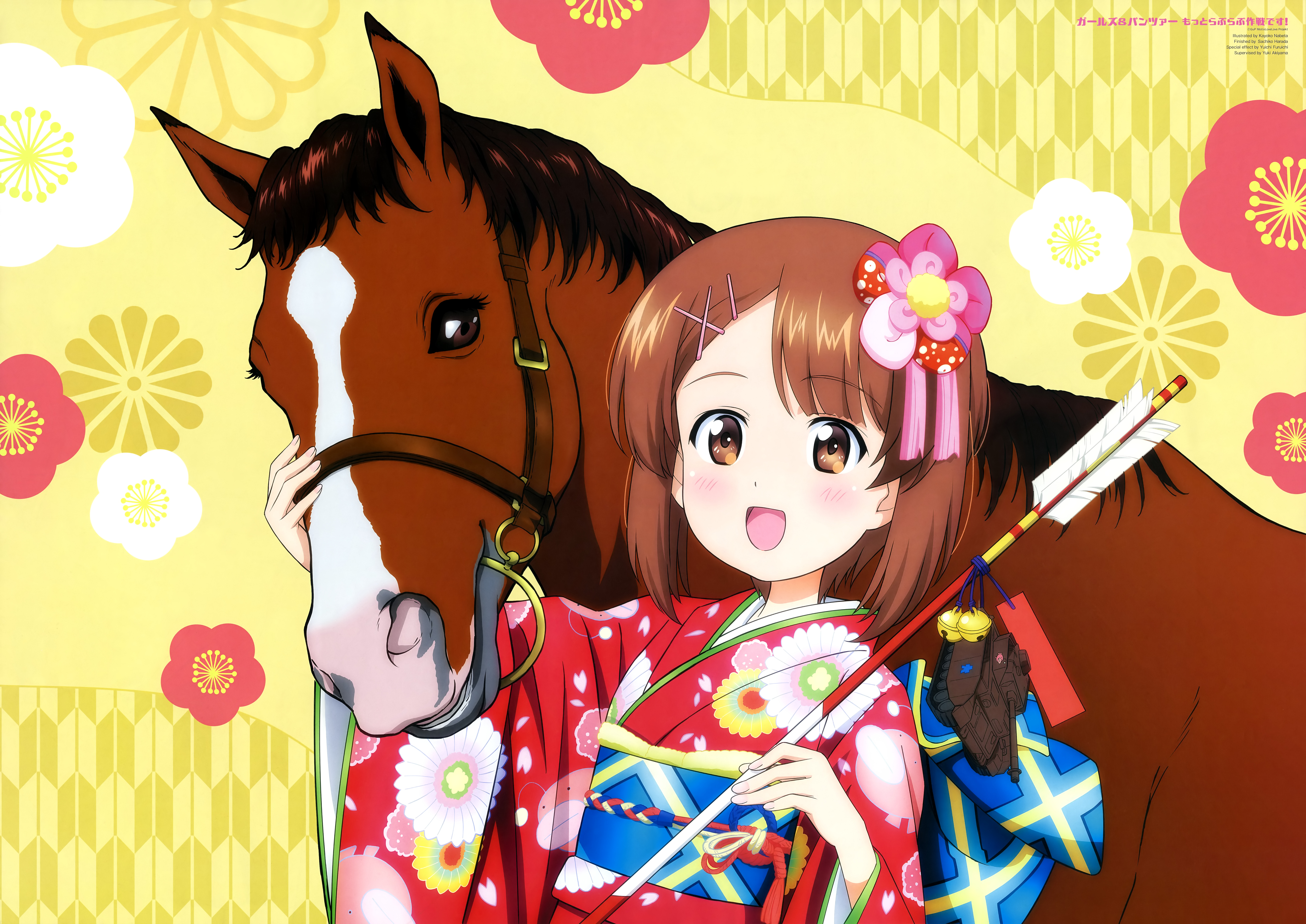 nishizumi miho, animage, girls und panzer, absurdres, highres, magazine scan, official art, scan, third-party source, 1girl, :d, arrow (projectile), blush, brown eyes, brown hair, chinese zodiac, floral print, floral print kimono, hair ornament, holding, holding arrow, horse, japanese clothes, kimono, long sleeves, new year, obi, open mouth, print kimono, red kimono, sash, smile, standing, upper body, wide sleeves, year of the horse, yellow background