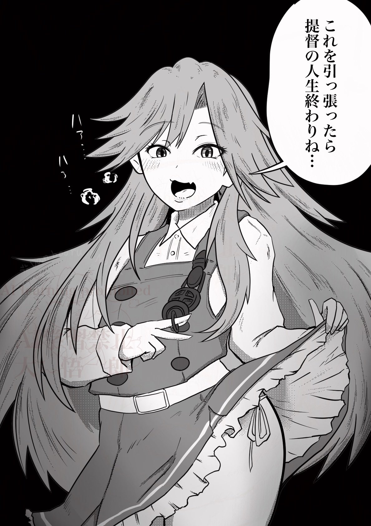 daigorou (42036928), arashio (kancolle), arashio kai ni (kancolle), kantai collection, commentary request, highres, translation request, 1girl, cowboy shot, crime prevention buzzer, crime prevention buzzer threat, dress, frilled dress, frills, greyscale, long hair, monochrome, open mouth, panties, pinafore dress, side-tie panties, sleeveless, sleeveless dress, solo, underwear