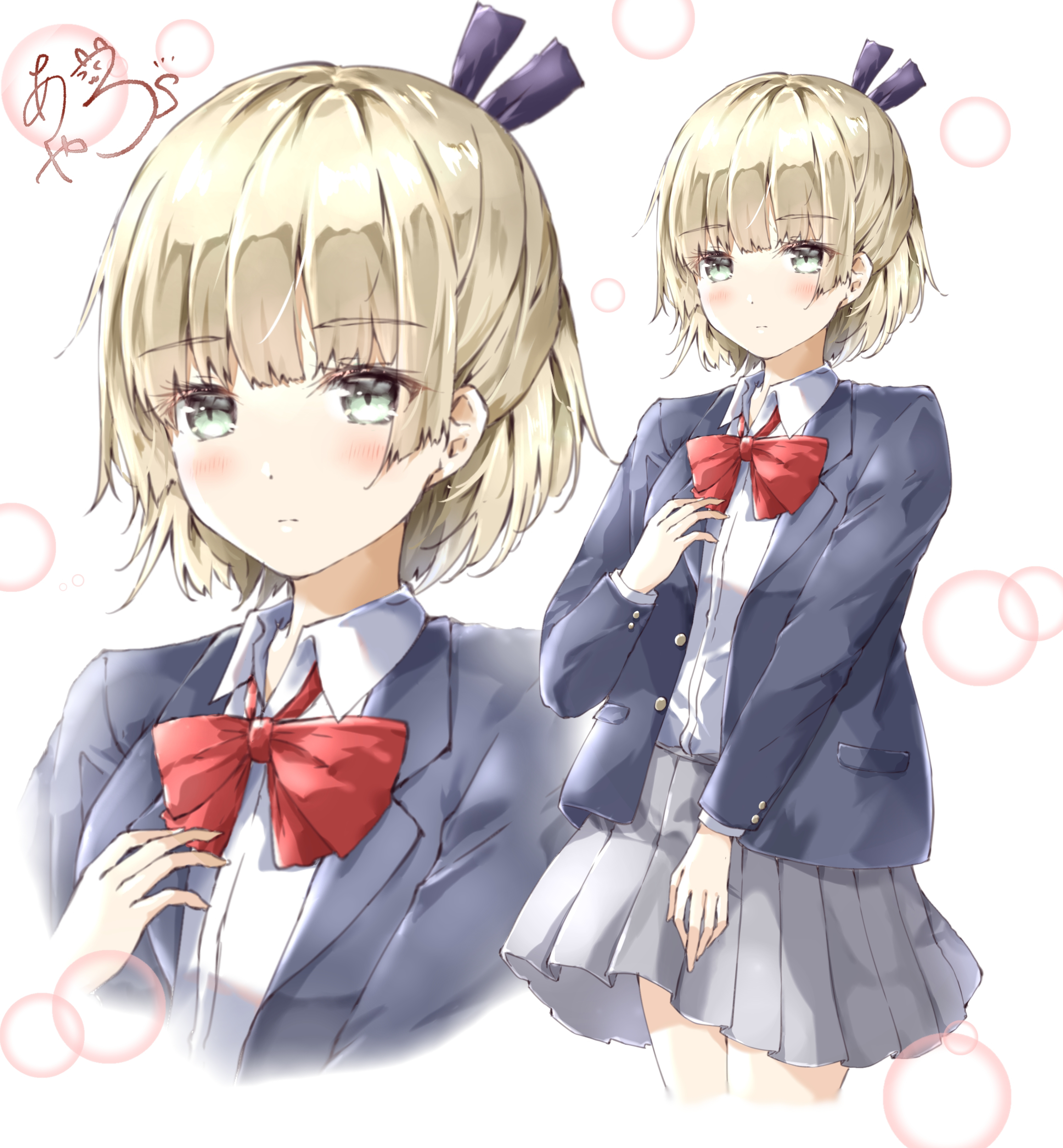 ayaro (genkiloobaii), nanase nanami (heaven burns red), heaven burns red, absurdres, commentary, highres, 1girl, alternate costume, black jacket, black ribbon, blonde hair, blunt bangs, blush, bow, bowtie, closed mouth, collared shirt, cowboy shot, expressionless, green eyes, grey skirt, hair ribbon, half updo, hand up, jacket, long sleeves, looking at viewer, medium hair, miniskirt, open clothes, open jacket, pleated skirt, red bow, red bowtie, ribbon, school uniform, shirt, signature, simple background, skirt, solo, white background, white shirt, zoom layer