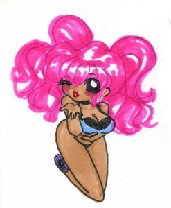 original, lowres, blue dress, chibi, dress, kiss, pink hair