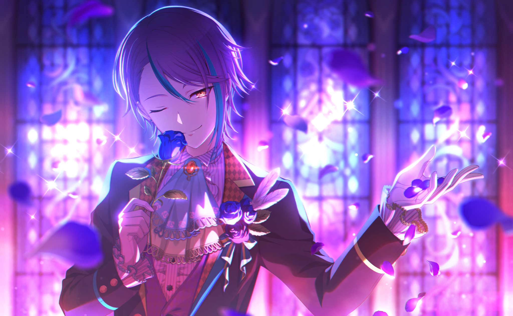 colorful palette, kamishiro rui, project sekai, game cg, highres, official art, third-party source, 1boy, ;), black jacket, blue flower, blue hair, blurry, blurry background, brooch, closed mouth, collared shirt, depth of field, flower, holding, holding flower, jacket, jewelry, junpaku no anata e chikai no uta wo! (project sekai), male focus, multicolored hair, official alternate costume, official alternate hairstyle, one eye closed, petals, purple hair, purple theme, shirt, smile, solo, stained glass, streaked hair, two-tone hair, yellow eyes
