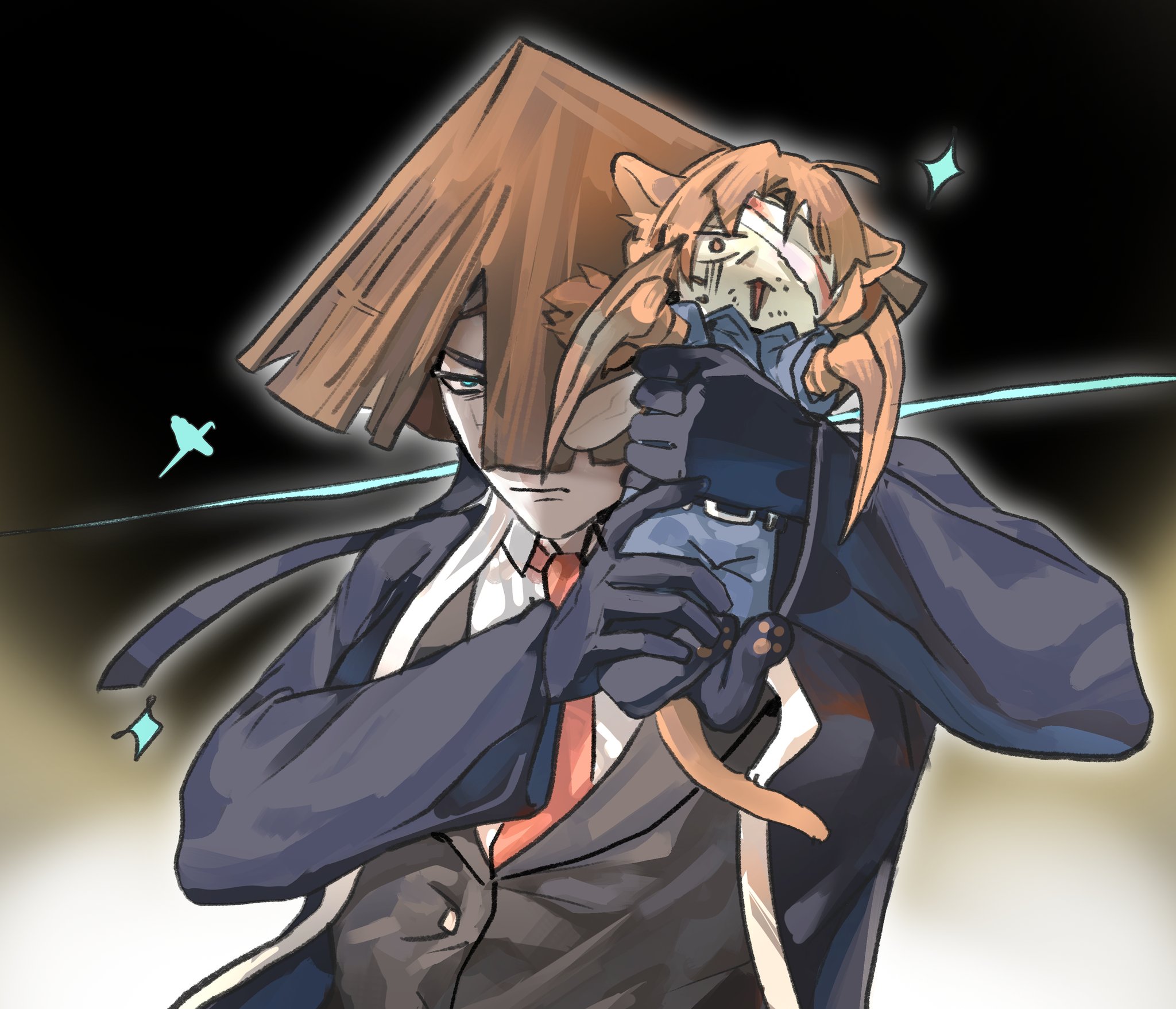 shoggoth (sirens20211), bamboo-hatted kim, gregor (project moon), limbus company, project moon, commentary, highres, symbol-only commentary, 2boys, animal, animal ears, animalization, arthropod limbs, bandage over one eye, beard stubble, black coat, black gloves, black jacket, blue eyes, blue jacket, brown hair, cat, cat ears, cat tail, coat, facial hair, g corp. (identity) (project moon), gloves, glowing, glowing eyes, grabbing another's stomach, hat, holding, holding animal, holding cat, jacket, jingasa, lapels, male focus, multiple boys, necktie, notched lapels, pants, red necktie, scar, scar on face, shirt, short hair, sparkle, stubble, suit jacket, tail, torn clothes, torn hat, upper body, white shirt, white trim, wings