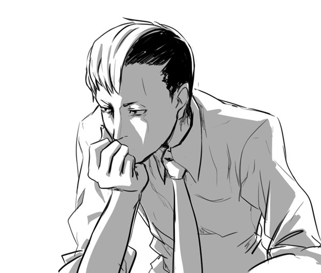 tetsu10ru, robotics;notes, science adventure, 1boy, dress shirt, greyscale, hand rest, male focus, monochrome, multicolored hair, necktie, no jacket, no vest, pensive, sawada toshiyuki, shirt, simple background, solo, two-tone hair, upper body, white background