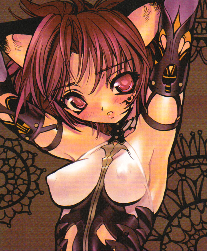 blade (galaxist), original, scan, 1girl, animal ears, armpits, breasts, cat ears, covered erect nipples, female focus, medium breasts, red eyes, red hair, short hair, solo, tattoo, upper body