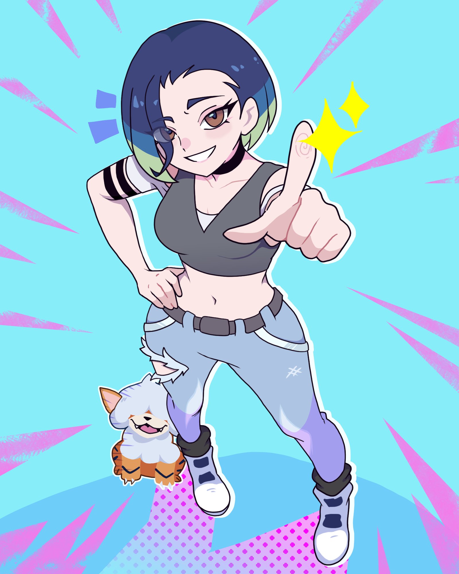 sleazynavi, hisuian growlithe, perrin (pokemon), nintendo, pokemon, pokemon sv, commentary, english commentary, highres, 1girl, armband, bare shoulders, black armband, black choker, blue hair, bob cut, breasts, brown eyes, choker, claws, collarbone, crop top, denim, dog, fangs, fingerprint, gradient hair, grey shirt, grey sports bra, hand on own hip, horns, index finger raised, jeans, loose hair strand, medium breasts, midriff, multicolored hair, off-shoulder shirt, off shoulder, pants, pointing, pointing at viewer, pokemon (creature), red fur, ribbed shirt, shirt, short hair, single horn, sleeveless, sleeveless shirt, sports bra, two-tone fur, undershirt, v-neck, watch, wristwatch