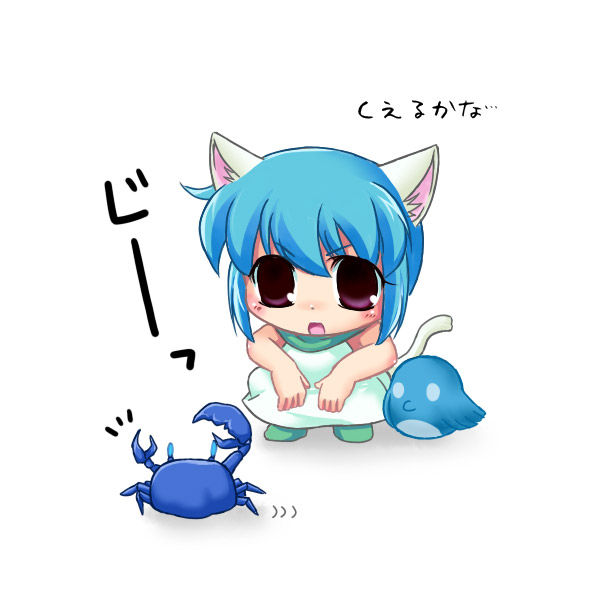 taniguchi mai, twit-tan, twitter, translation request, animal ears, aqua hair, bird, cat ears, cat tail, chibi, crab, dress, red eyes, solo, tail