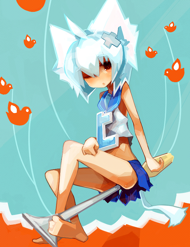 usu, fail whale, twit-tan, twitter, 1girl, ahoge, animal ears, aqua hair, barefoot, bird, cat ears, cat girl, cat tail, feet, female focus, hair ornament, hairclip, oversized object, personification, red eyes, screwdriver, solo, tail