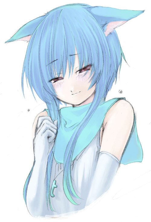 sumesora, aoba, twit-tan, twitter, 1girl, animal ears, aqua hair, cat ears, elbow gloves, female focus, gloves, jewelry, necklace, red eyes, solo