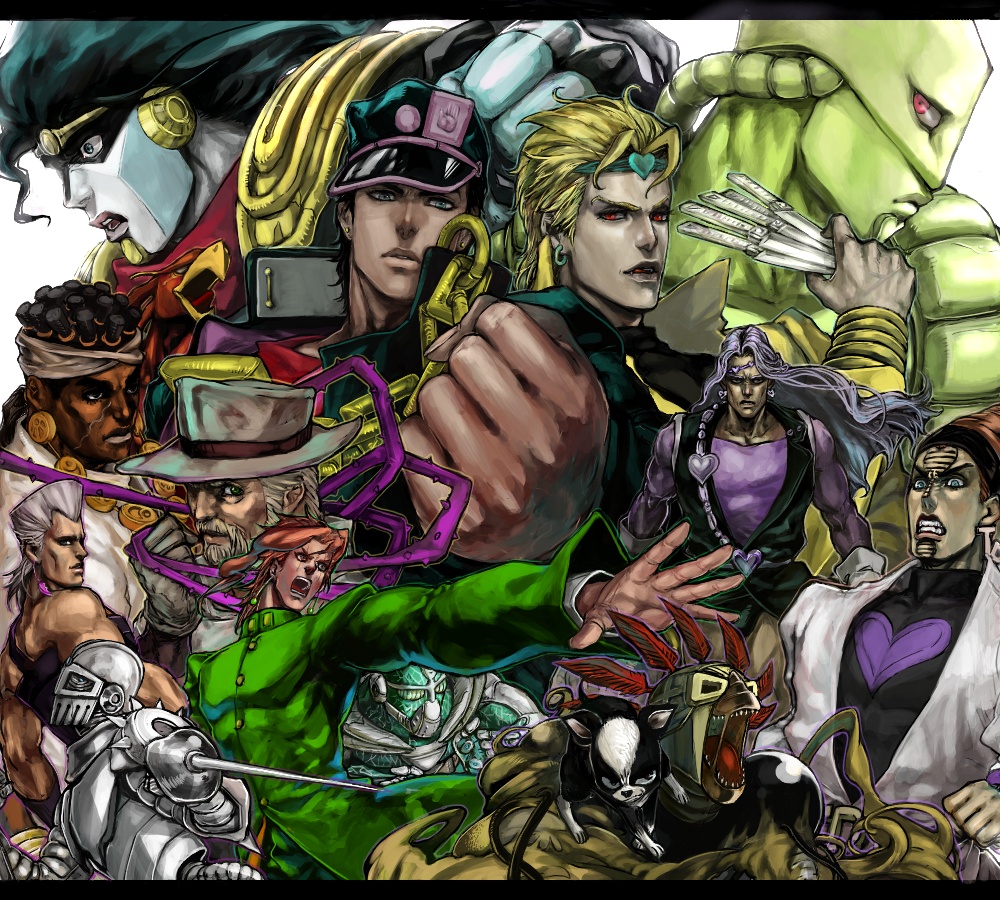 ka du, dio brando, hermit purple, hierophant green, iggy (jojo), jean pierre polnareff, joseph joestar, joseph joestar (old), kakyoin noriaki, kuujou joutarou, mohammed avdol, silver chariot, star platinum, terence t. d'arby, the fool (stand), the world (stand), vanilla ice, jojo no kimyou na bouken, stardust crusaders, silver hair, 6+boys, armor, black eyes, black hair, blonde hair, blue eyes, chain, clenched hand, dark-skinned male, dark skin, dog, earrings, epee, facial hair, facial mark, fangs, gakuran, hand (symbol), hat, heart, helmet, jewelry, knife, knight, male focus, monster boy, multiple boys, muscular, pauldrons, peaked cap, plant, purple hair, rapier, realistic, red eyes, red hair, school uniform, shoulder armor, stand (jojo), sword, thorns, throwing knife, vampire, vines, weapon