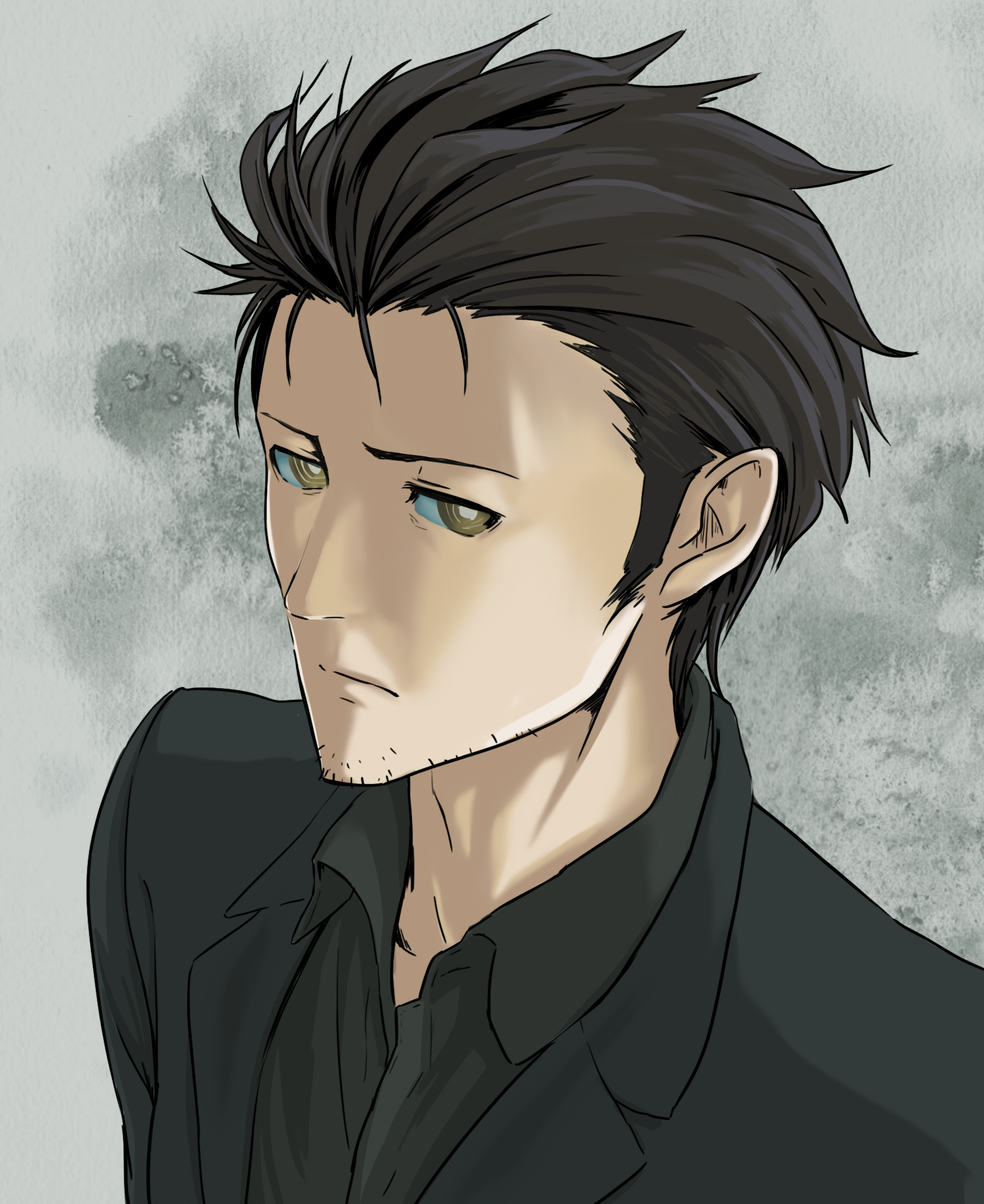 tetsu10ru, okabe rintarou, okabe rintarou (beta), science adventure, steins;gate, steins;gate 0, commentary request, highres, 1boy, black hair, black jacket, black shirt, closed mouth, collared shirt, facial hair, jacket, long hair, long sleeves, looking at viewer, male focus, ringed eyes, shirt, short hair, simple background, solo, stubble, upper body, yellow eyes