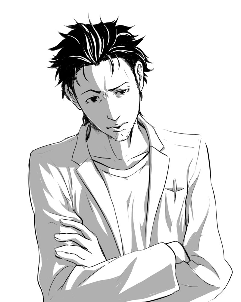 tetsu10ru, science adventure, steins;gate, 1boy, beard stubble, closed mouth, facial hair, greyscale, lab coat, long sleeves, looking at viewer, male focus, monochrome, object in pocket, pen in pocket, pocket, shirt, short hair, simple background, solo, stubble, upper body, white background