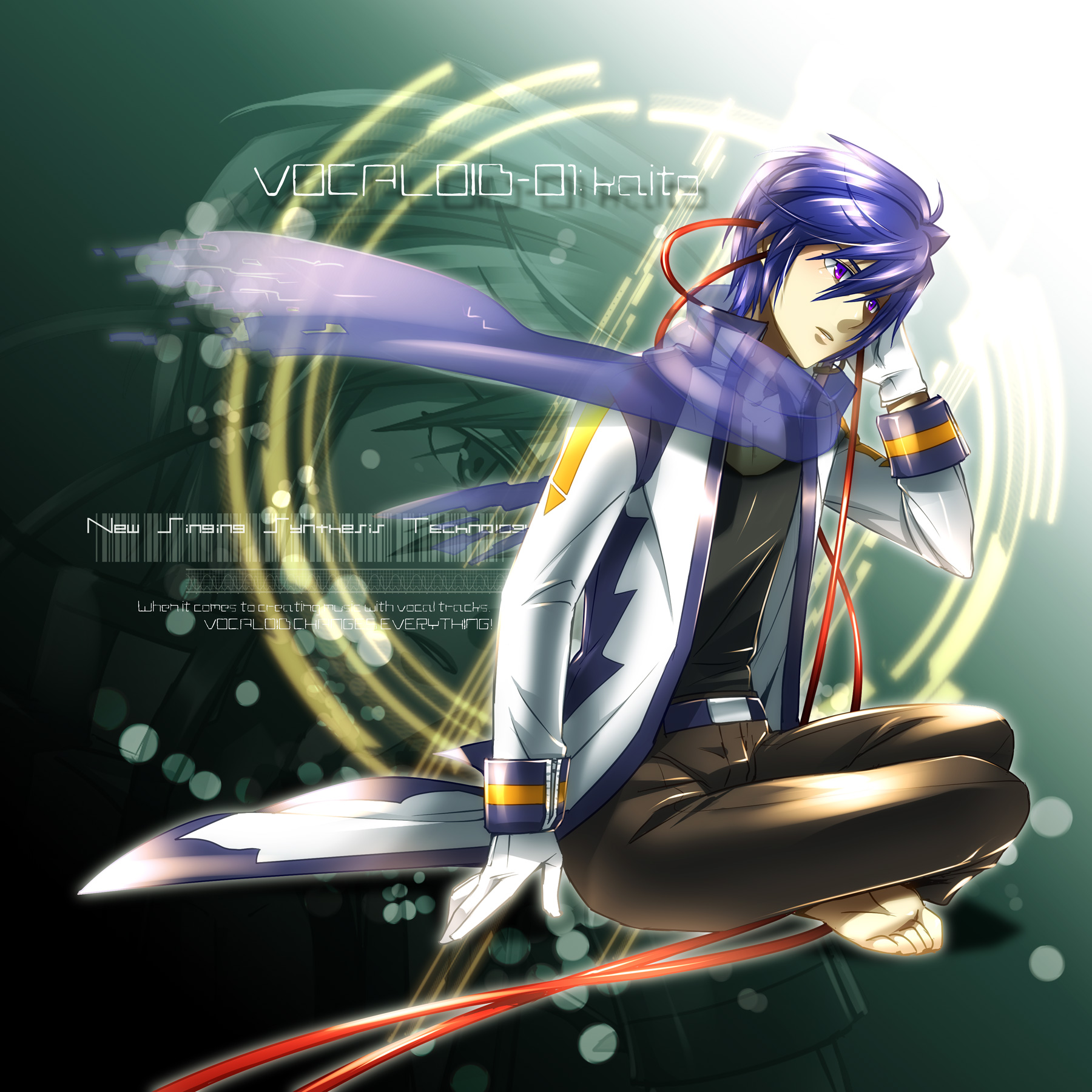 caffein, kaito (vocaloid), vocaloid, highres, 1boy, blue hair, blue scarf, cable, gloves, jacket, male focus, purple eyes, scarf, sitting, solo