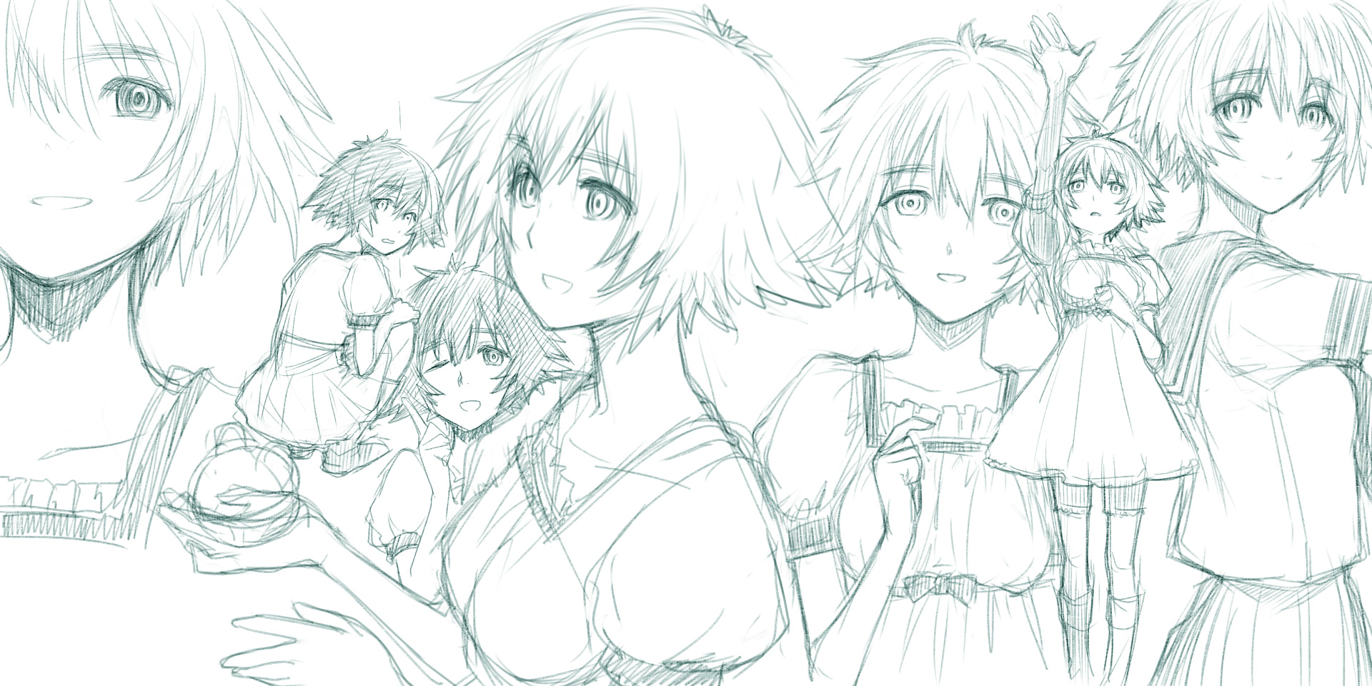 menomorute, shiina mayuri, upa (steins;gate), science adventure, steins;gate, commentary request, highres, tagme, 1girl, breasts, dress, looking at viewer, monochrome, multiple costumes, multiple views, one eye closed, school uniform, serafuku, short hair, smile