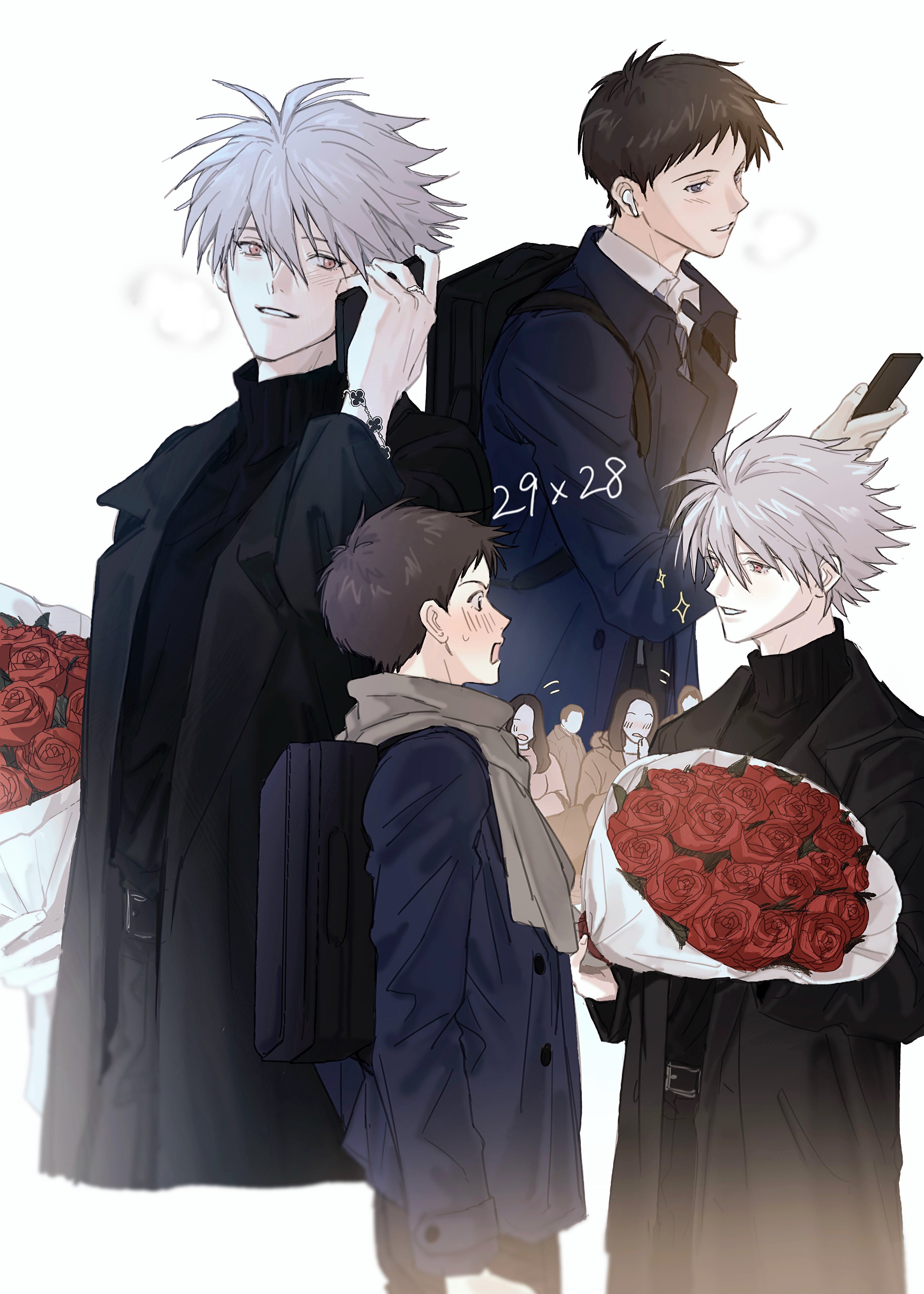 ikari shinji, nagisa kaworu, neon genesis evangelion, absurdres, commentary request, highres, 2boys, aged up, backpack, bag, belt, black bag, black coat, blush, bouquet, brown hair, cellphone, chanmine, character age, coat, collared shirt, earphones, flower, holding, holding bouquet, holding phone, jewelry, male focus, multiple boys, people, phone, ring, scarf, shirt, short hair, simple background, smartphone, sweater, wedding ring, white background, white hair, white shirt, yaoi