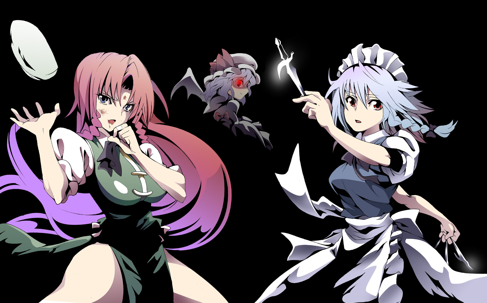 karu, hong meiling, izayoi sakuya, remilia scarlet, embodiment of scarlet devil, touhou, silver hair, bad id, bad pixiv id, highres, 3girls, bat wings, blue eyes, blue hair, braid, breasts, china dress, chinese clothes, dress, female focus, hat, knife, long hair, maid, multiple girls, red eyes, red hair, short hair, throwing knife, twin braids, weapon, wings