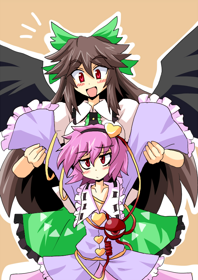 harukatron, komeiji satori, reiuji utsuho, touhou, 2girls, arms up, black hair, blush, bow, completely unamused, female focus, hair bow, hairband, heart, lifting person, long hair, multiple girls, pink hair, red eyes, short hair, unamused, wings