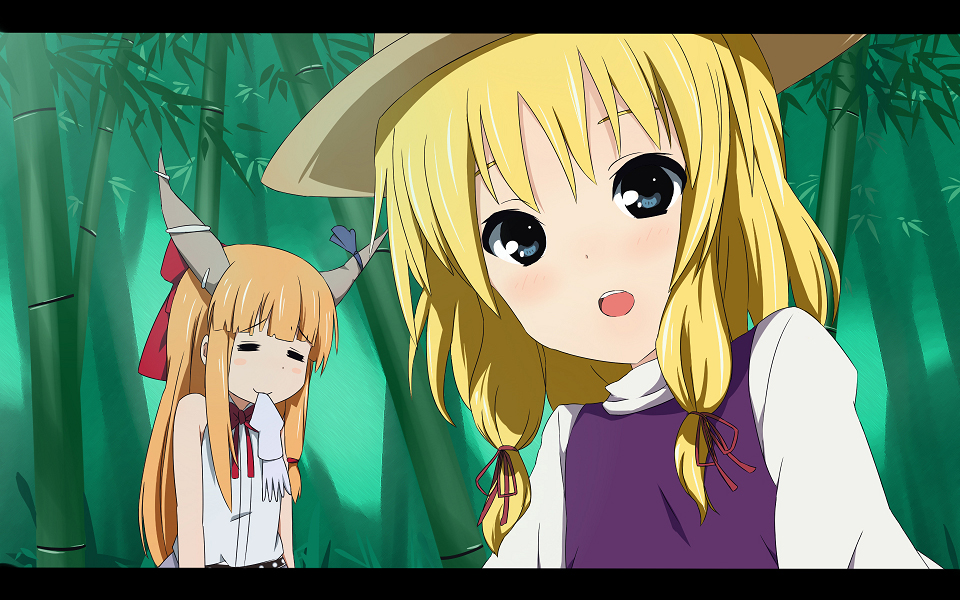 yunotimo, ibuki suika, moriya suwako, k-on!, touhou, bad id, bad pixiv id, 2girls, = =, bamboo, bamboo forest, blonde hair, blue eyes, blush, blush stickers, bow, eating, female focus, forest, hair bow, hat, horns, letterboxed, long hair, multiple girls, nature, orange hair, parody, ribbon, squid, style parody, twintails