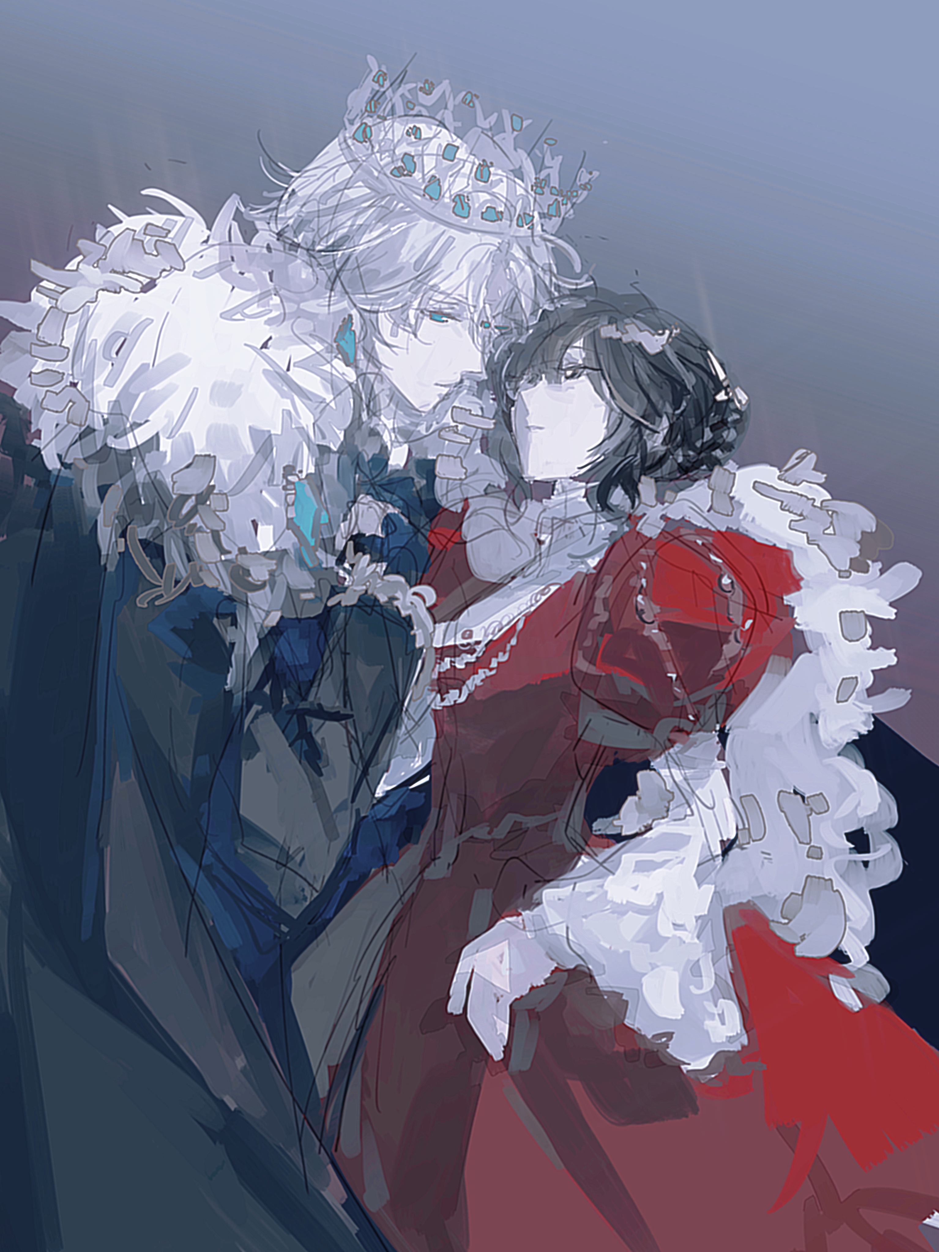 heroine (lovebrush chronicles), lars rorschach, lovebrush chronicles, absurdres, chinese commentary, commentary request, highres, 1boy, 1girl, aqua eyes, black cape, black jacket, blue gloves, braid, bun with braided base, cape, closed mouth, cowboy shot, dress, expressionless, eye contact, feather boa, frilled sleeves, frills, fur-trimmed cape, fur trim, gloves, gown, grey background, hair between eyes, hair bun, hand up, holding hands, jacket, jewelry, juliet sleeves, lars rorschach (god forsaken land), leaning forward, long sleeves, looking at another, necklace, official alternate hair color, pointed crown, profile, puffy sleeves, purple eyes, red dress, short hair, simple background, single hair bun, standing, ulcve, white hair