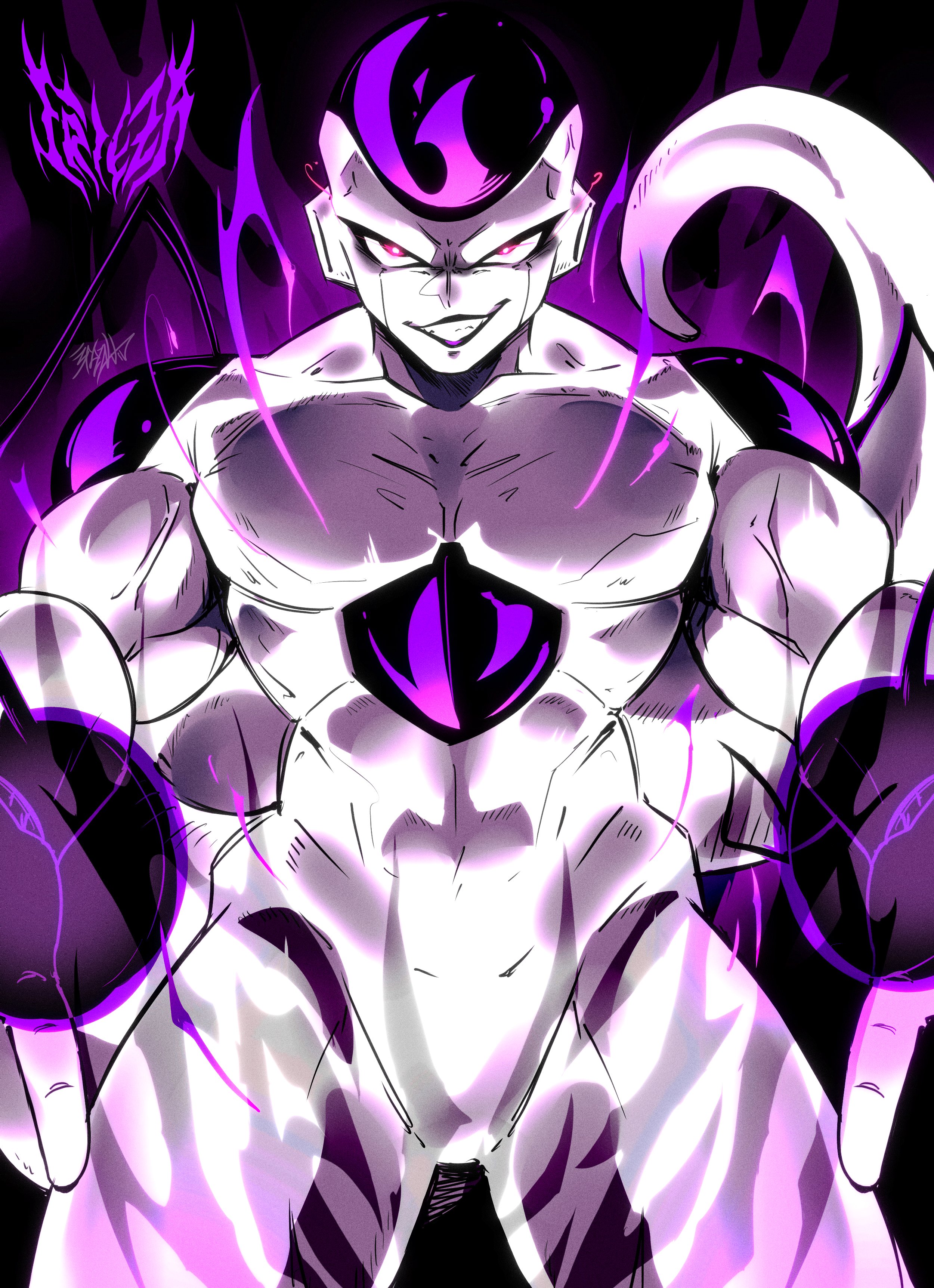st41nn, frieza, full power frieza, dragon ball, dragonball z, absurdres, commentary, english commentary, highres, 1boy, aura, character name, colored skin, cowboy shot, evil grin, evil smile, grin, looking at viewer, male focus, multicolored skin, muscular, muscular male, purple aura, purple background, purple eyes, purple skin, sanpaku, smile, solo, tsurime, two-tone skin, white skin