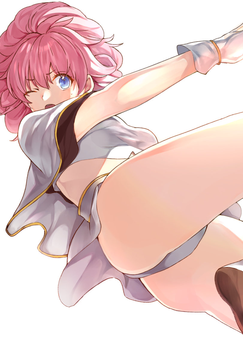 ooi ore, sill plain, rance (series), commentary request, highres, 1girl, bandeau, blue eyes, breasts, capelet, from below, gloves, long hair, looking at viewer, medium breasts, one eye closed, open mouth, panties, pink hair, simple background, skirt, solo, underwear, white background, white bandeau, white capelet, white gloves, white panties, white skirt