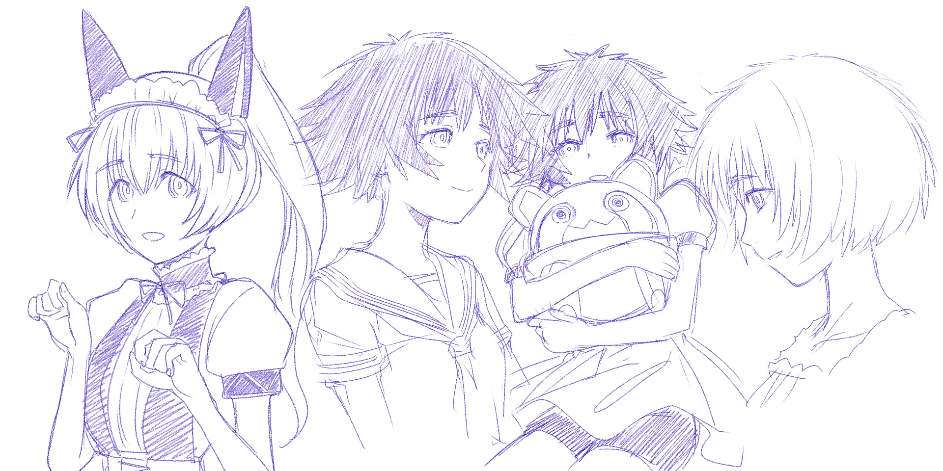 menomorute, shiina mayuri, upa (steins;gate), science adventure, steins;gate, steins;gate 0, commentary request, highres, animal ears, cat ears, dress, fake animal ears, hugging object, long hair, mayqueen maid uniform, monochrome, open mouth, paw pose, school uniform, serafuku, short hair, simple background, stuffed toy, white background, wig, winter clothes