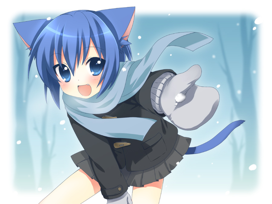 usashiro mani, onka, original, bad id, bad pixiv id, 1girl, animal ears, blue eyes, blue hair, blue scarf, cat ears, coat, fang, female focus, matching hair/eyes, mittens, open mouth, outstretched arm, outstretched hand, reaching, scarf, skirt, smile, snow, solo