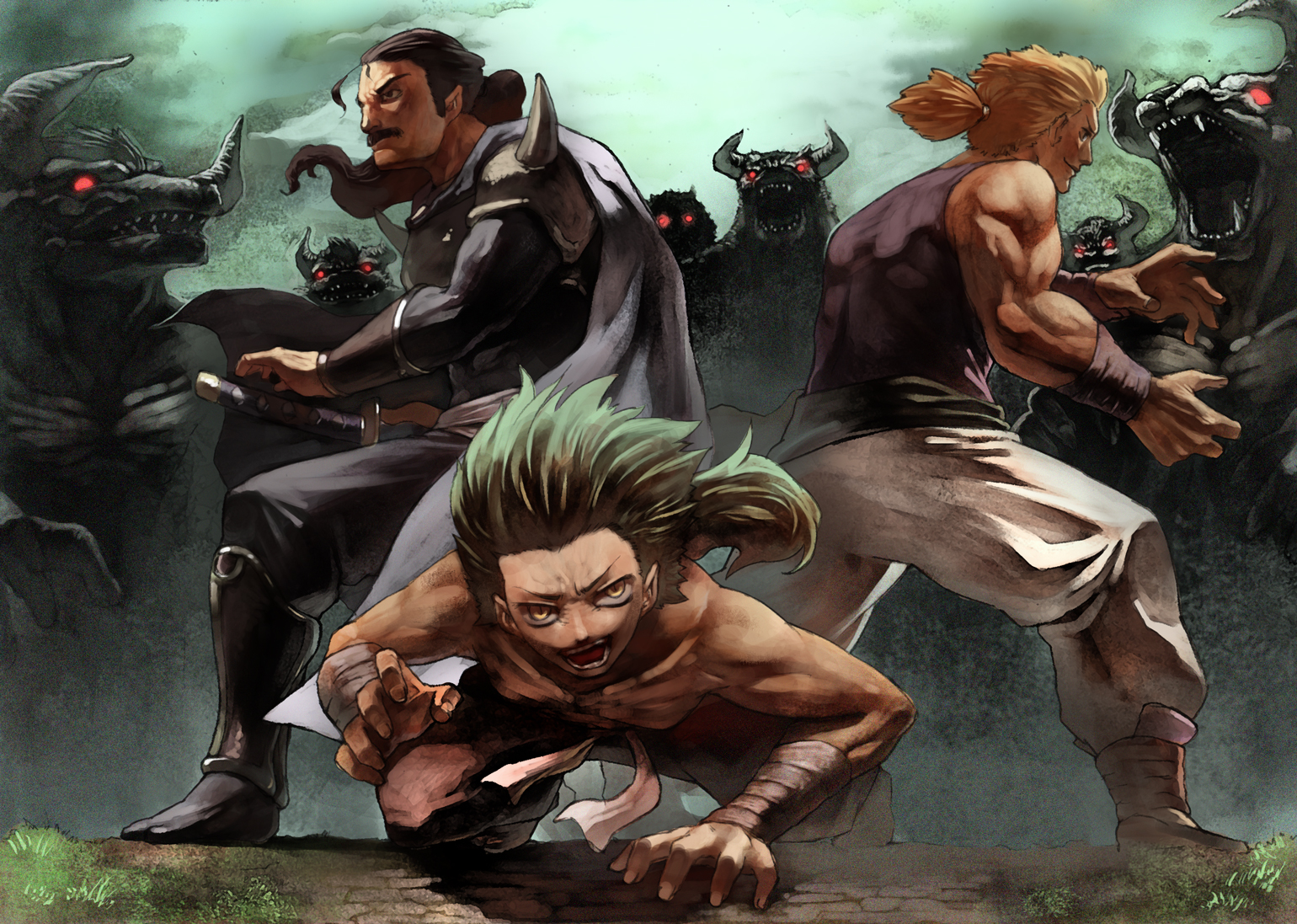 takeda kanryuusai, cyan garamonde, gau, sabin rene figaro, final fantasy, final fantasy vi, bad id, bad pixiv id, 1990s (style), 3boys, battle, crossover, epic, facial hair, katana, male focus, monster, multiple boys, mustache, sword, topless male, weapon