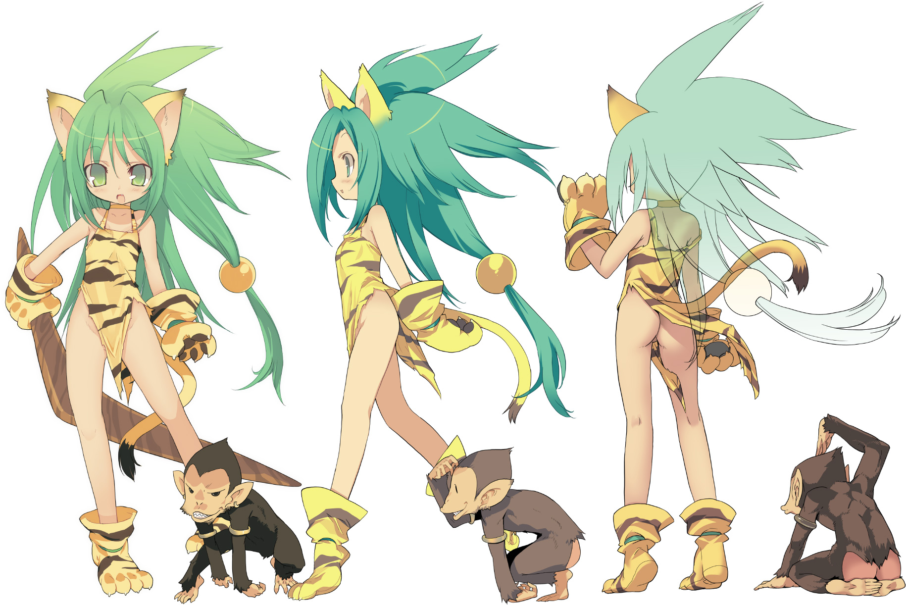 blade (galaxist), cham cham, paku paku, queen's blade, queen's gate, samurai spirits, snk, highres, 1girl, animal ears, animal hands, animal print, ass, boomerang, bottomless, cat ears, cat tail, flat chest, gloves, green eyes, green hair, hair ornament, monkey, multiple views, no panties, paw gloves, paw shoes, shoes, simple background, sphere hair ornament, tail, tiger print, torn clothes, turnaround, white background, wind, wind lift