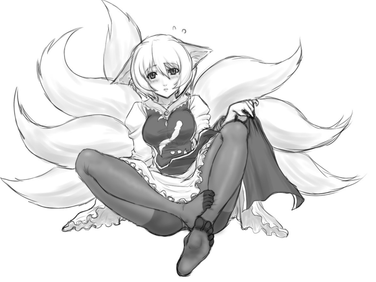 kuro suto sukii, yakumo ran, touhou, 1girl, animal ears, blush, breasts, crotch seam, feet, female focus, fox ears, fox tail, greyscale, large breasts, monochrome, multiple tails, panties, panties under pantyhose, pantyhose, simple background, sitting, sketch, soles, solo, tabard, tail, underwear, white background