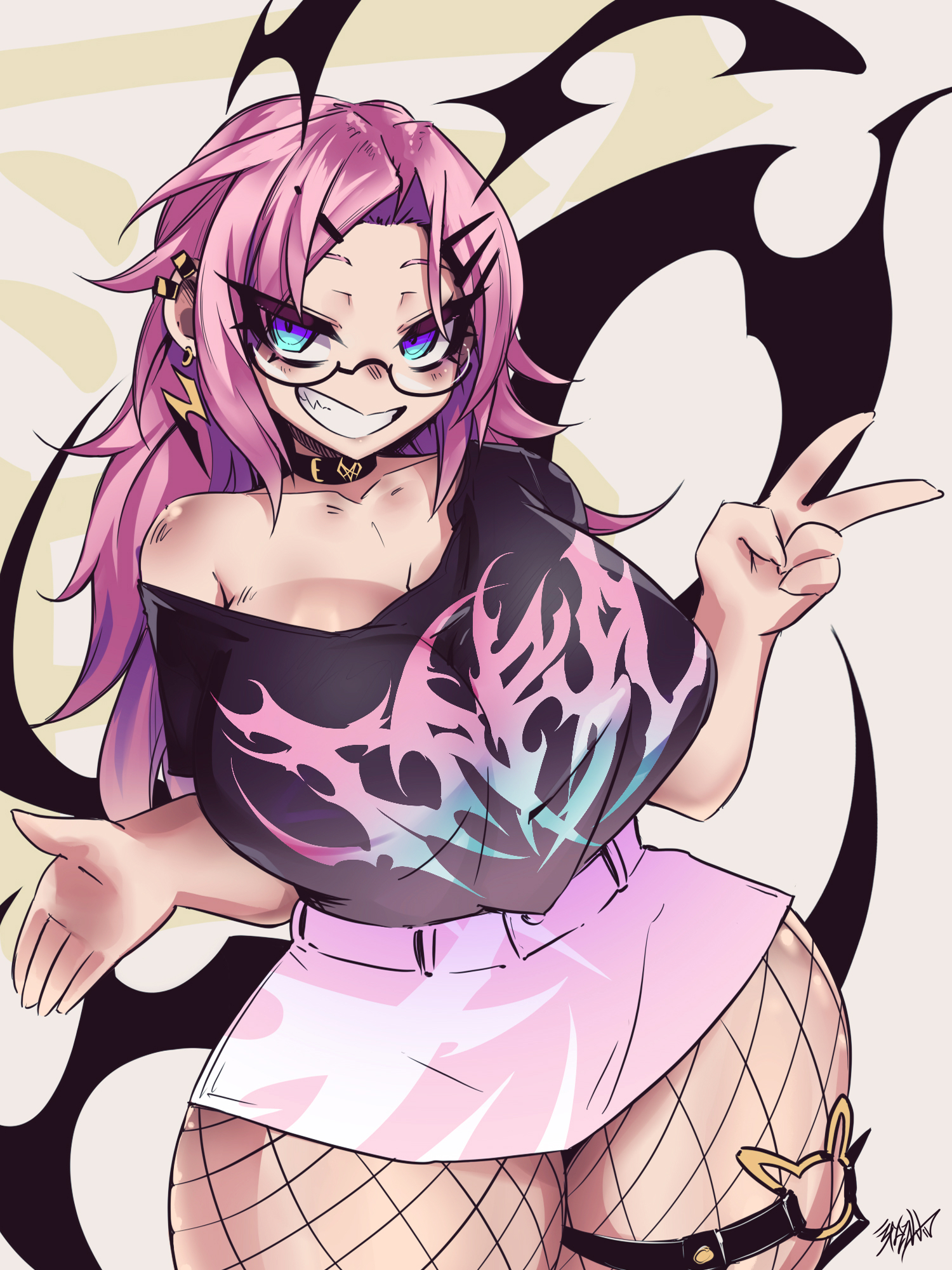 st41nn, indie virtual youtuber, commentary, english commentary, highres, 1girl, black shirt, blue eyes, breasts, cowboy shot, curvy, fishnet pantyhose, fishnets, glasses, grin, hair ornament, hands up, large breasts, long hair, looking at viewer, microskirt, multicolored eyes, pantyhose, pink hair, pink skirt, purple eyes, shirt, short sleeves, skirt, smile, solo, tara kaminarito, thigh strap, two-tone eyes, v, virtual youtuber, wide hips