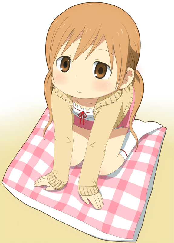 mainosato, itou shiori, mitsudomoe (manga), blush, brown eyes, brown hair, feet, kneehighs, kneeling, long hair, skirt, socks, solo, twintails