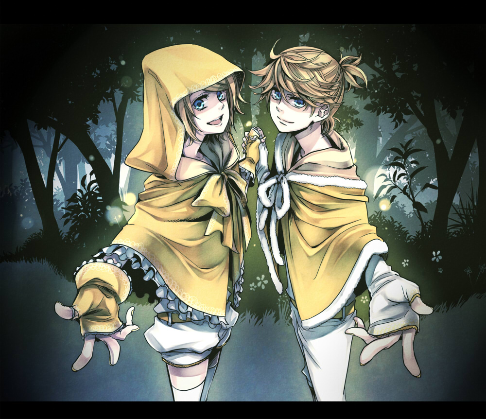 suzunosuke (sagula), kagamine len, kagamine rin, evillious nendaiki, okizari tsukiyo shou (vocaloid), vocaloid, bad id, bad pixiv id, 1boy, 1girl, album cover, blonde hair, blue eyes, brother and sister, cover, fingerless gloves, foreshortening, forest, gloves, hetero, holding hands, nature, outstretched arm, outstretched hand, reaching, siblings, twins