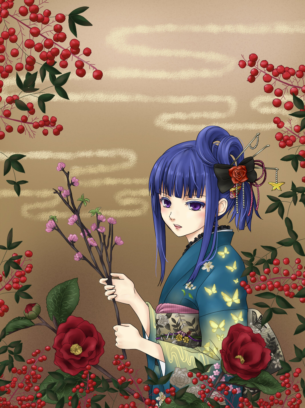 bekkourico, frederica bernkastel, umineko no naku koro ni, bad id, bad pixiv id, highres, 1girl, alternate hairstyle, blue hair, bow, branch, bug, butterfly, camellia, female focus, flower, hair bow, hair ornament, insect, japanese clothes, kimono, new year, purple eyes, rose, solo