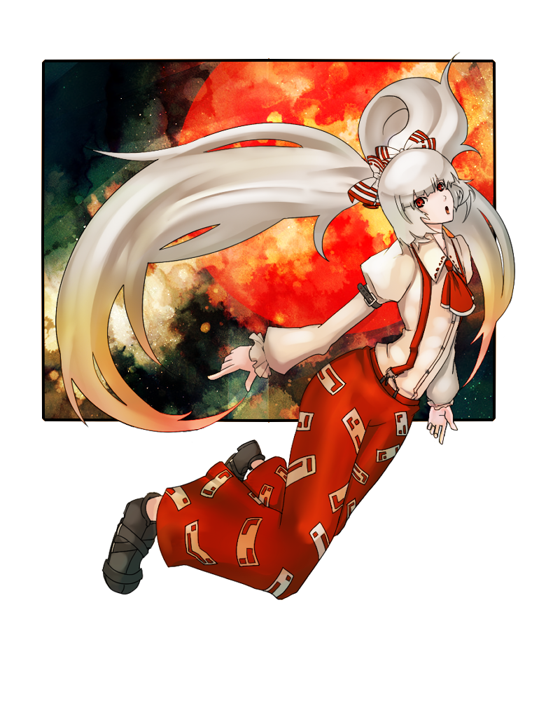 kusakanmuri, fujiwara no mokou, touhou, silver hair, bad id, bad pixiv id, 1girl, alternate hairstyle, bow, female focus, full body, hair bow, long hair, red eyes, solo, suspenders, twintails