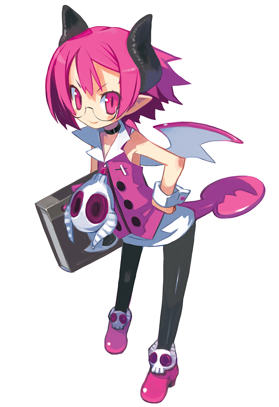 harada takehito, raspberyl, disgaea, makai senki disgaea 3, nippon ichi, highres, official art, 1girl, bat wings, black pantyhose, book, choker, demon girl, demon tail, female focus, full body, glasses, hand on own hip, holding, holding book, horns, leggings, looking at viewer, pantyhose, pink eyes, pink hair, pointy ears, semi-rimless eyewear, short hair, simple background, sleeveless, slit pupils, solo, tail, white background, wings, wrist cuffs