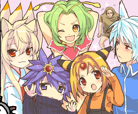 usashiro mani, ampharos, hitmonlee, latios, magnemite, meganium, ninetales, starmie, moemon, nintendo, pokemon, bad id, bad pixiv id, 3boys, 3girls, :<, :3, :o, animal ears, blonde hair, blue hair, fox ears, gen 1 pokemon, gen 2 pokemon, gen 3 pokemon, green hair, japanese clothes, legendary pokemon, multiple boys, multiple girls, oekaki, one eye closed, open mouth, orange shirt, overalls, personification, shirt, smile, sweater, v, wink