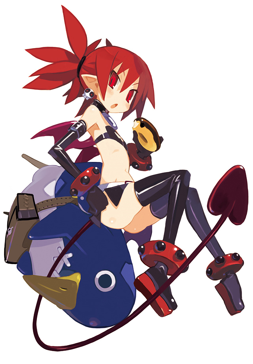 harada takehito, etna (disgaea), prinny, disgaea, nippon ichi, prinny (series), prinny can i really be the hero?, prinny ~ore ga shujinkou de iinsuka?~, highres, official art, 1girl, :o, anklet, ass, bat wings, black gloves, boots, choker, demon girl, demon tail, donut, earrings, elbow gloves, female focus, flat chest, food, full body, gloves, holding, jewelry, latex, latex gloves, looking at viewer, midriff, prinny (seres), red eyes, simple background, skull earrings, solo, tail, thigh boots, thighhighs, twintails, white background, wings