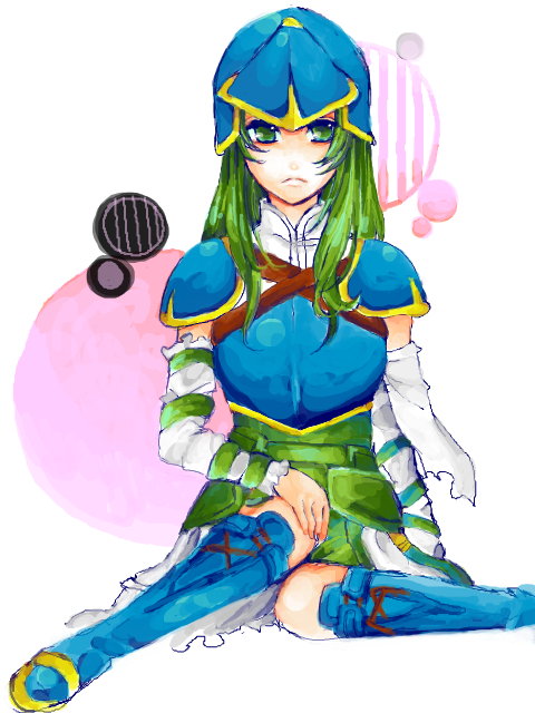 nephenee (fire emblem), fire emblem, fire emblem: path of radiance, fire emblem: radiant dawn, nintendo, armor, blue armor, elbow gloves, gloves, green eyes, green hair, helmet, long hair, solo, thighhighs