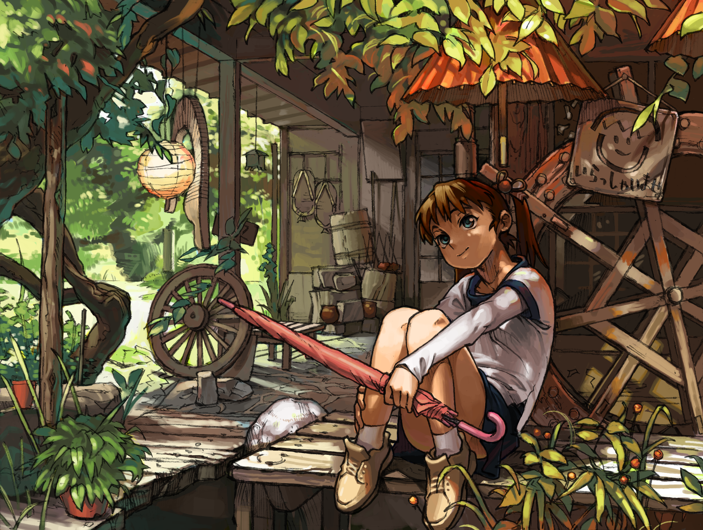 jikan hakushaku, original, highres, 1girl, blue eyes, brown hair, building, closed umbrella, female focus, lantern, leaf, leg hold, looking up, paper lantern, plant, ponytail, potted plant, scenery, sitting, skirt, smile, solo, tree, umbrella