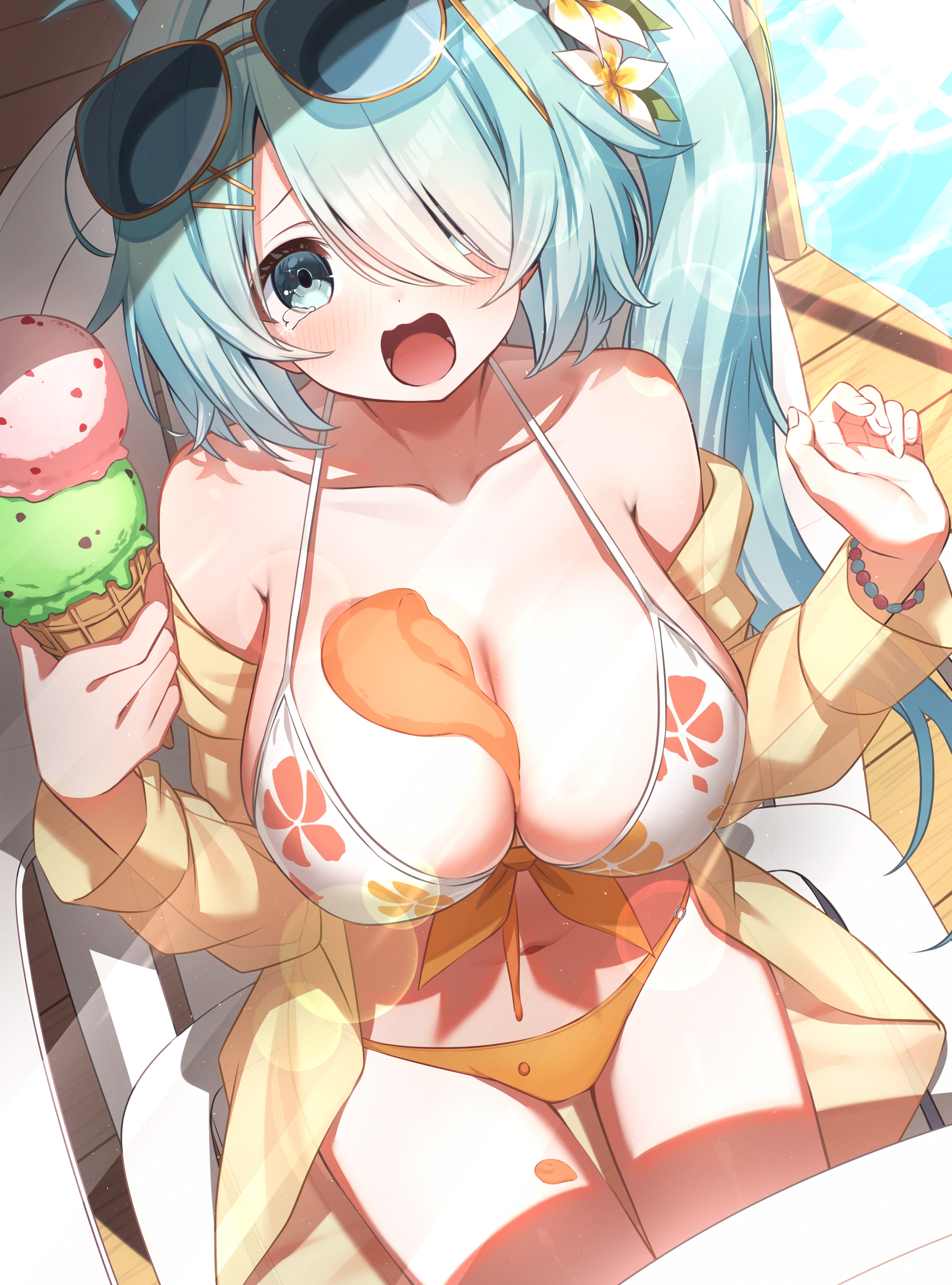 ringopan, hiyori (blue archive), hiyori (swimsuit) (blue archive), blue archive, absurdres, commentary request, highres, 1girl, aqua hair, bikini, bracelet, breasts, cleavage, crying, crying with eyes open, eyewear on head, floral print, floral print bikini, flower, food, food on body, food on breasts, hair flower, hair ornament, hair over one eye, ice cream, ice cream cone, ice cream cone spill, jacket, jewelry, large breasts, long hair, long sleeves, looking at viewer, official alternate costume, open mouth, orange bikini, print bikini, see-through clothes, see-through jacket, side ponytail, solo, sunglasses, swimsuit, tears