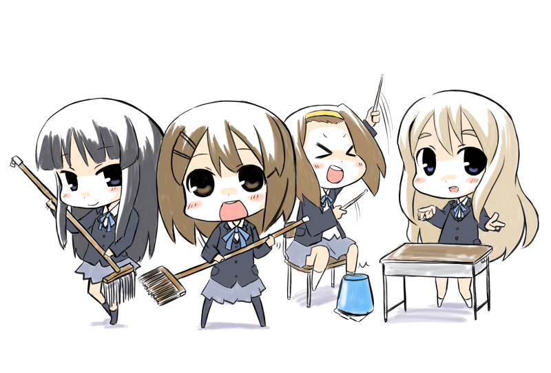 nekoyama, akiyama mio, hirasawa yui, kotobuki tsumugi, tainaka ritsu, k-on!, bad id, bad pixiv id, > <, 4girls, black hair, blonde hair, blue eyes, blush, broom, brown eyes, brown hair, bucket, chibi, closed eyes, desk, faux traditional media, ho-kago tea time, mop, multiple girls, pantyhose, school uniform